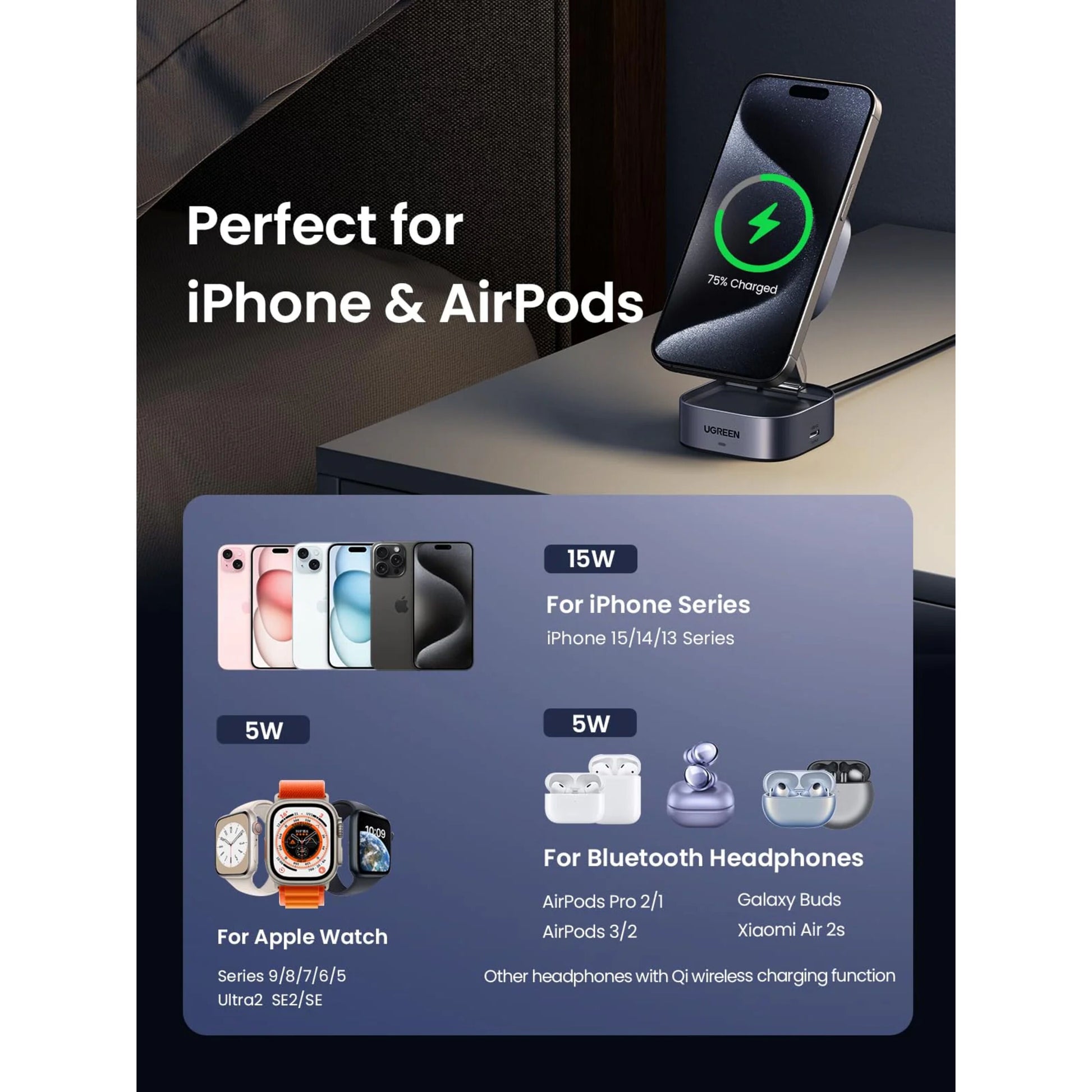 Ugreen Qi 2 3-i-1 trådløs oplader til iPhone 15/14/13, Apple Watch, AirPods, Galaxy Buds, Xiaomi Air 2s.