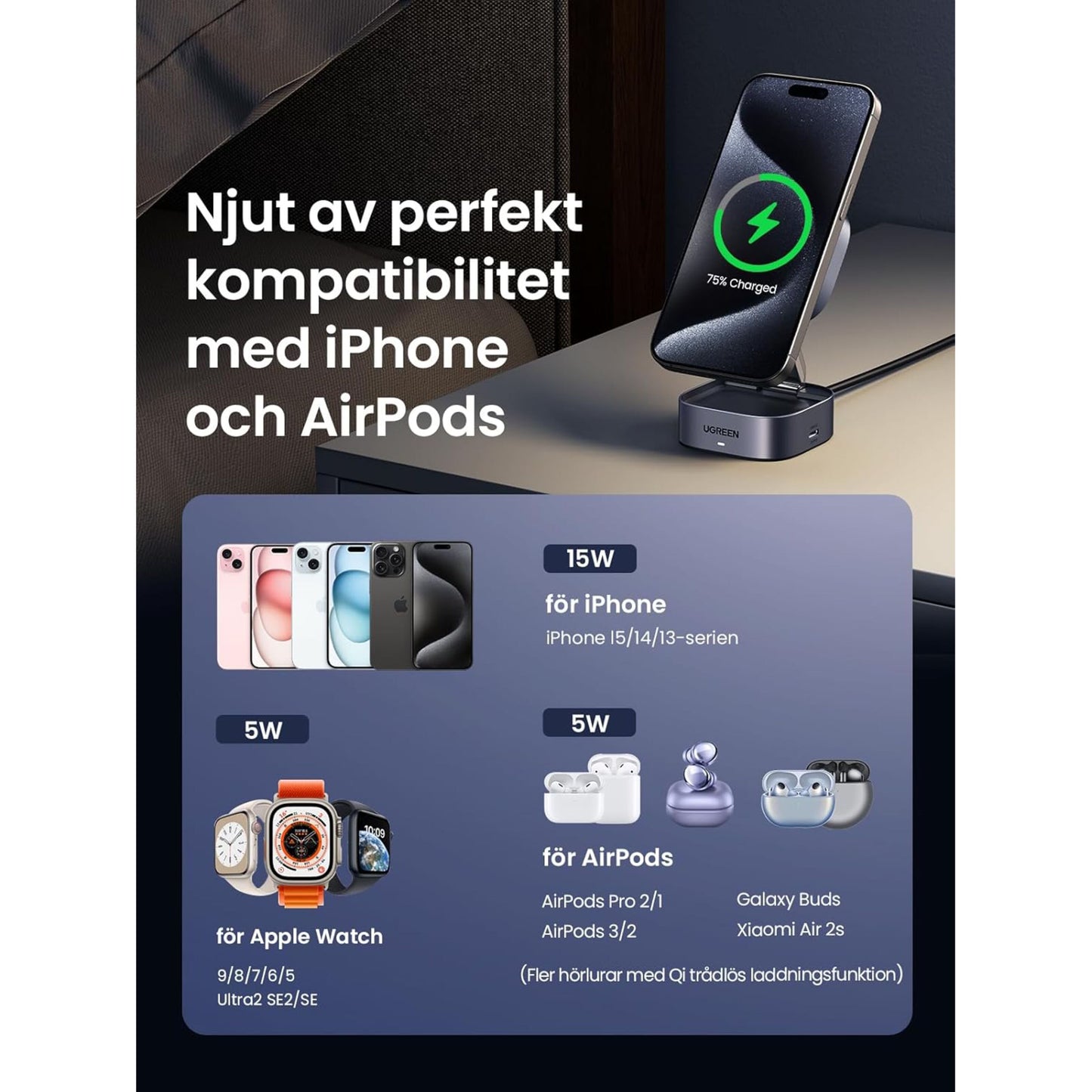 Ugreen Qi2 3-i-1 trådløs oplader til iPhone, Apple Watch, AirPods, Galaxy Buds og Xiaomi earbuds, flere watt-styrker.