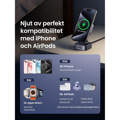 Ugreen Qi2 3-i-1 trådløs oplader til iPhone, Apple Watch, AirPods, Galaxy Buds og Xiaomi earbuds, flere watt-styrker.