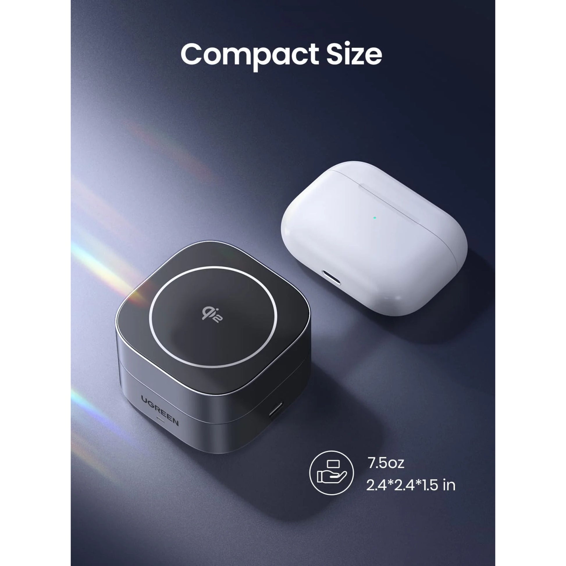 Ugreen Qi 2 3-i-1 sort oplader, firkantet, ved siden af hvid AirPods-case, vægt 7,5oz og størrelse 2,4×2,4×1,5 in.