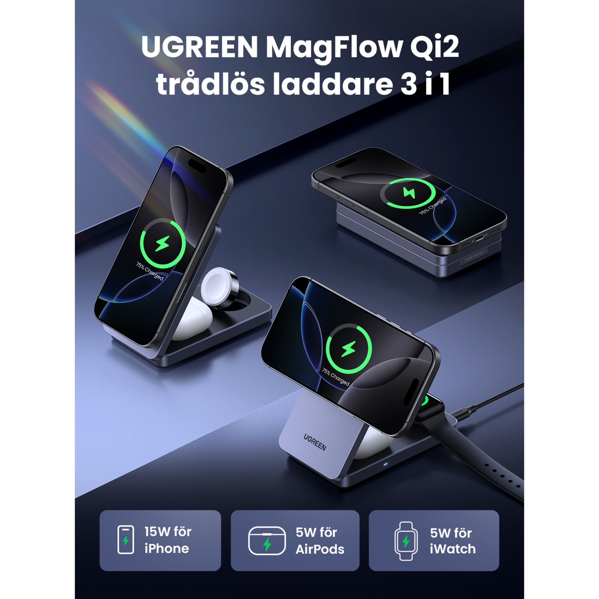 Ugreen 3-i-1 Qi2 opladningsstander trådløs 15W iPhone, 5W AirPods, 5W Apple Watch, svensk tekst øverst.