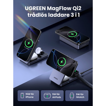 Ugreen 3-i-1 Qi2 opladningsstander trådløs 15W iPhone, 5W AirPods, 5W Apple Watch, svensk tekst øverst.