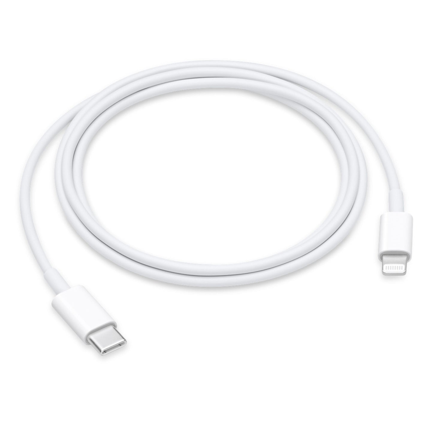Apple USB-C til Lightning kabel 1m hvid, understøtter hurtigopladning, løst rullet sammen.