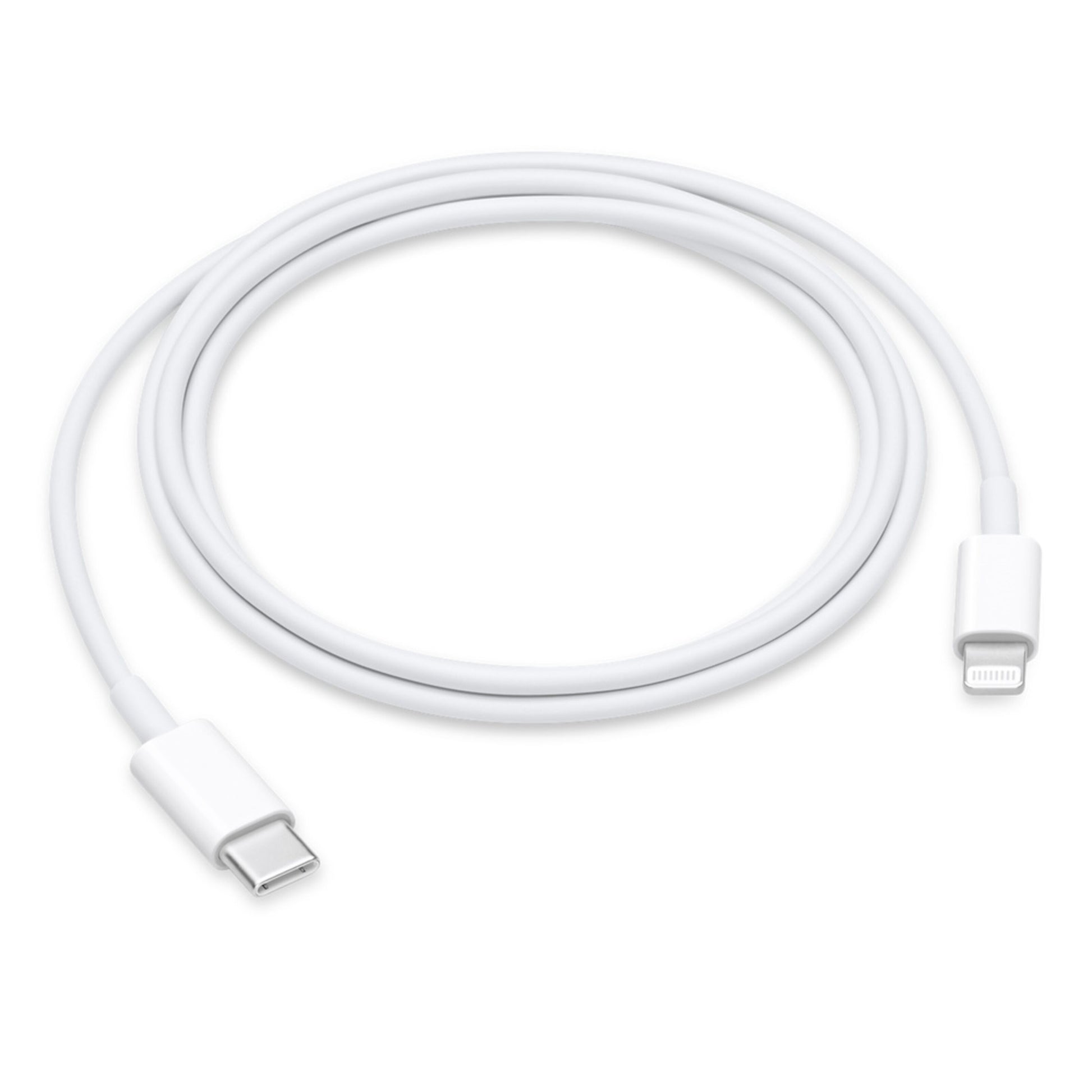 Apple USB-C til Lightning kabel 1m hvid, understøtter hurtigopladning, løst rullet sammen.