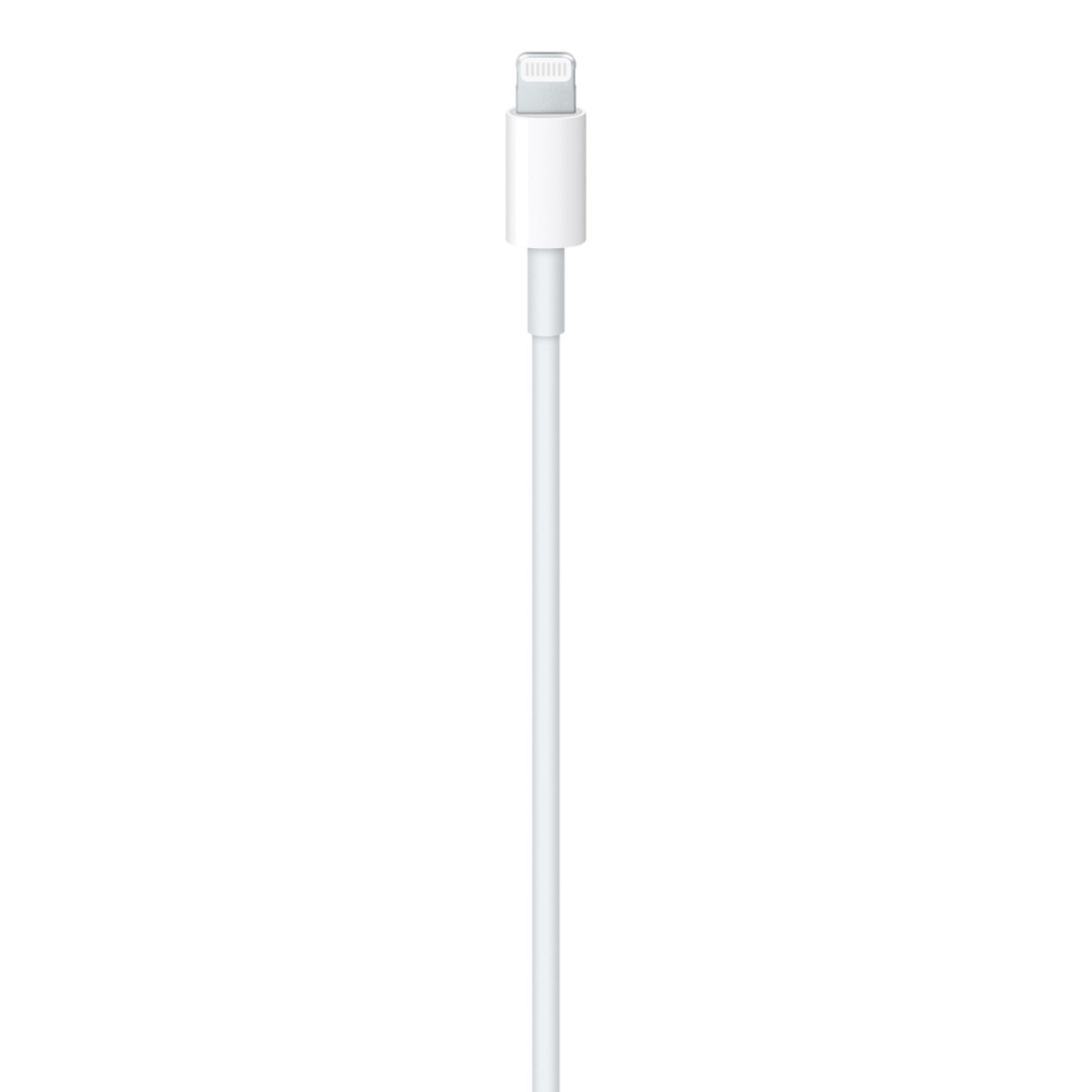 Apple USB-C til Lightning-kabel 1 m, hvid, vist lodret med USB-C-stik og Lightning-stik synlige øverst.