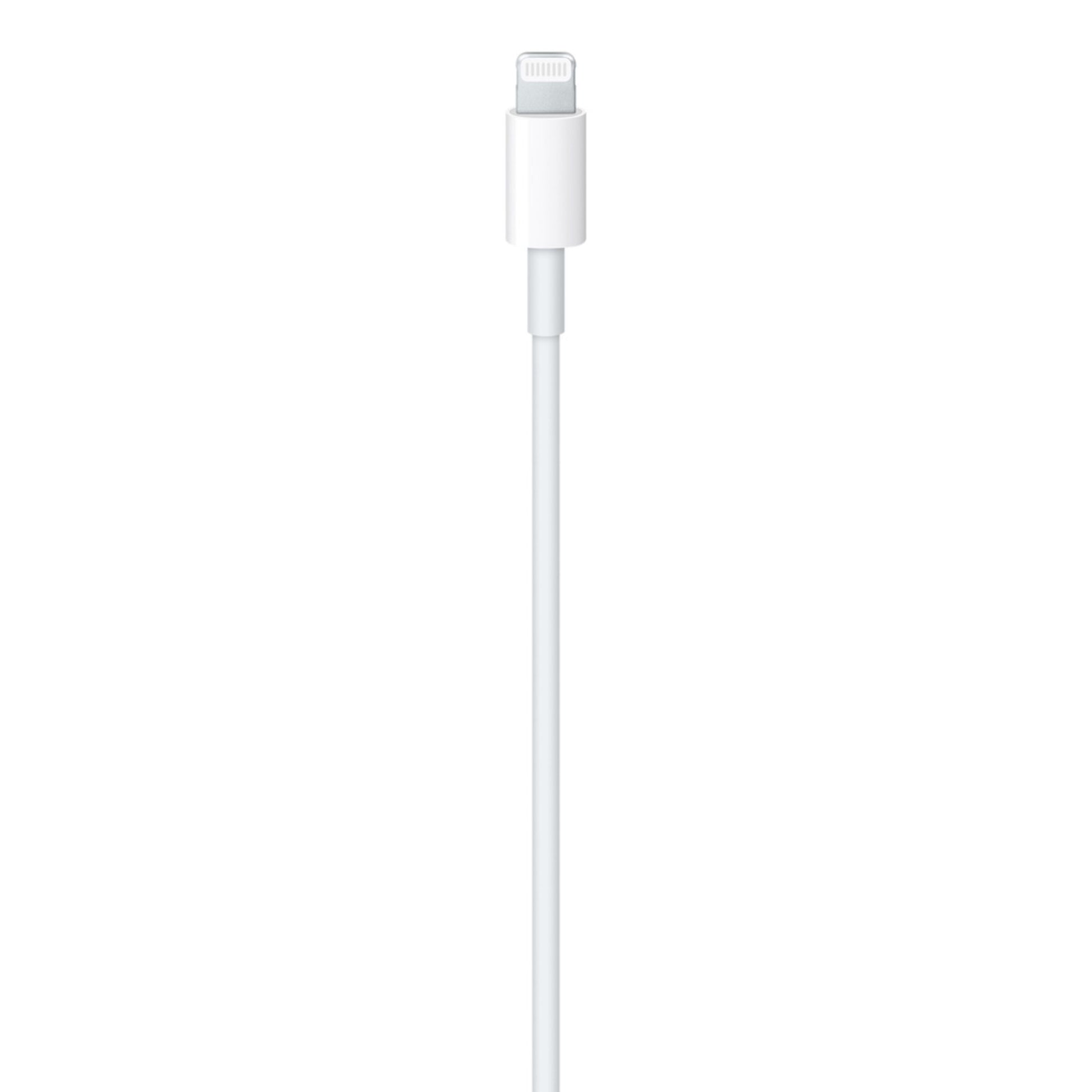 Apple USB-C til Lightning-kabel 1 m, hvid, vist lodret med USB-C-stik og Lightning-stik synlige øverst.
