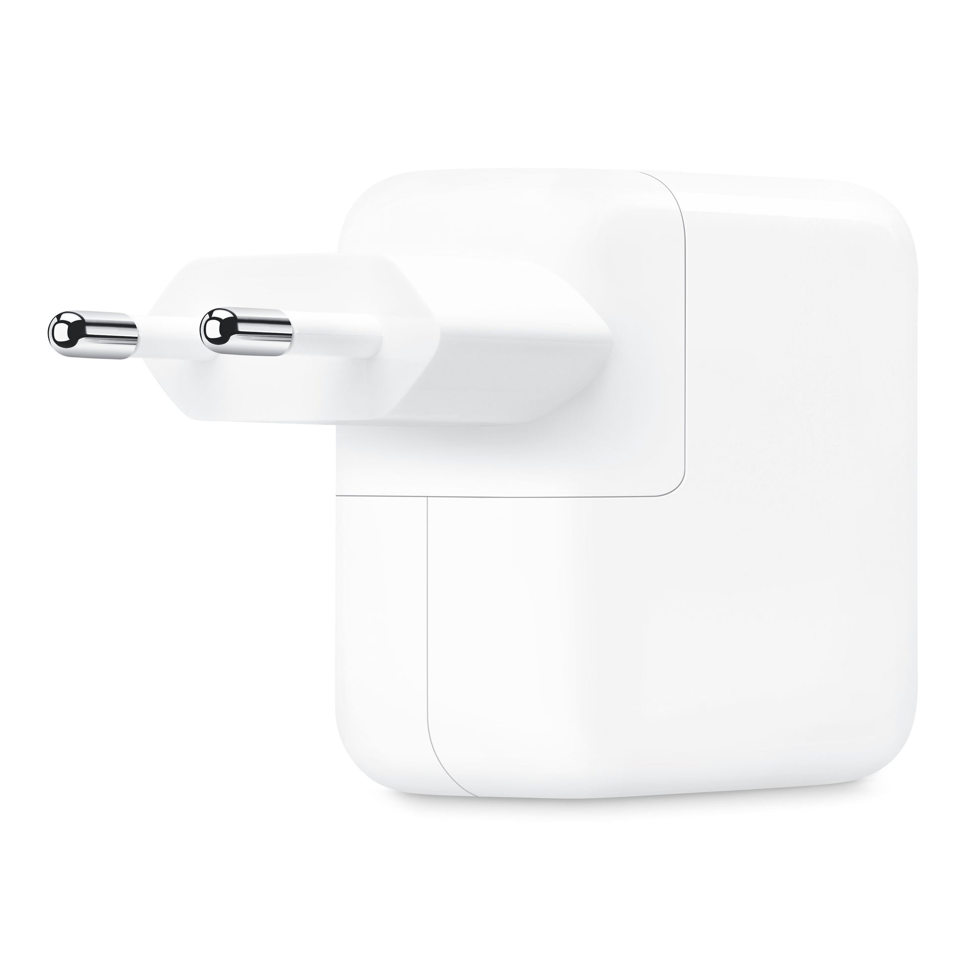 Apple 35 W USB-C strømadapter, hvid rektangulær vægoplader med to USB-C porte og to runde ben til EU-stik.