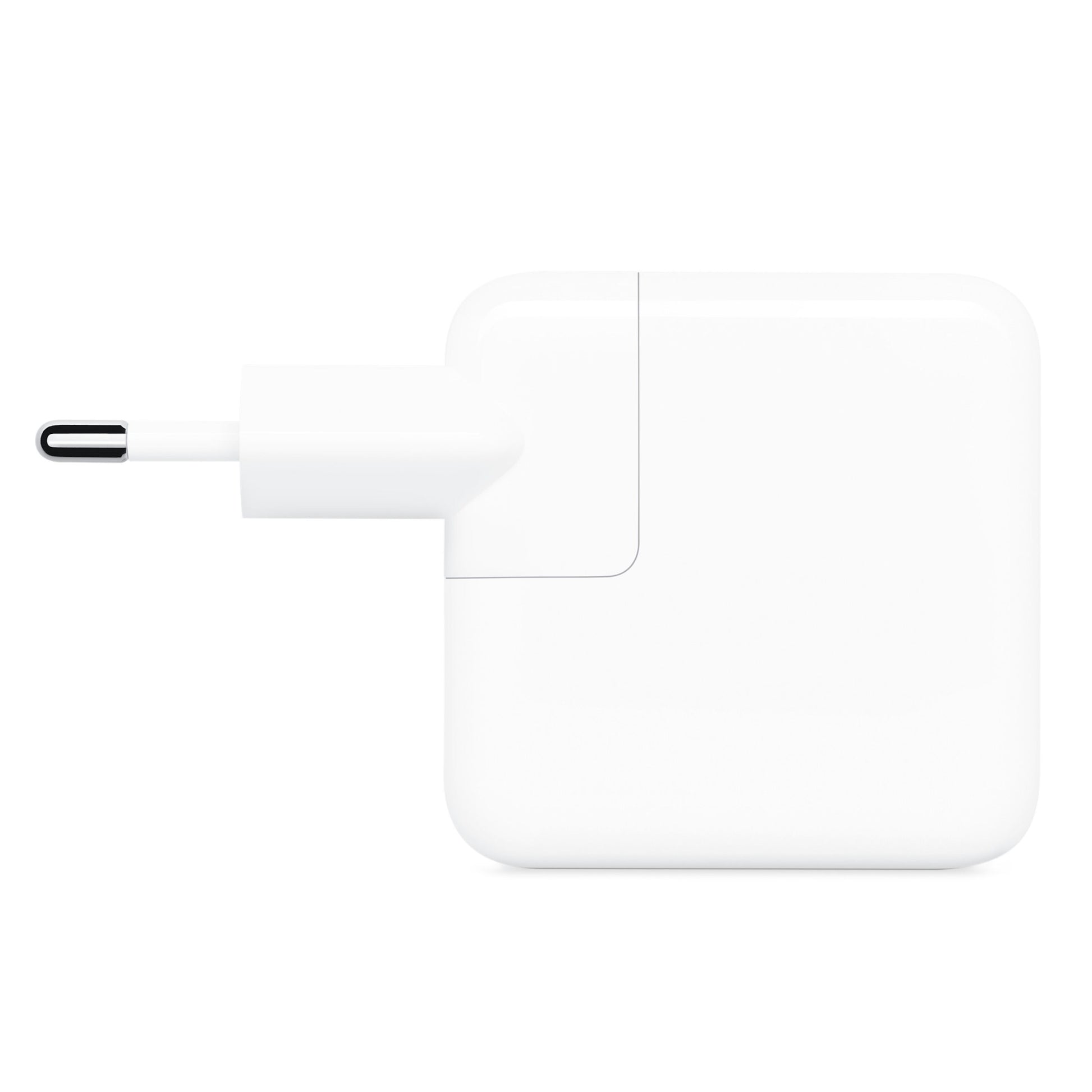 Apple 30W USB-C strømadapter, kompakt firkantet design med integreret tobenet stik, oplader til MacBook Air.