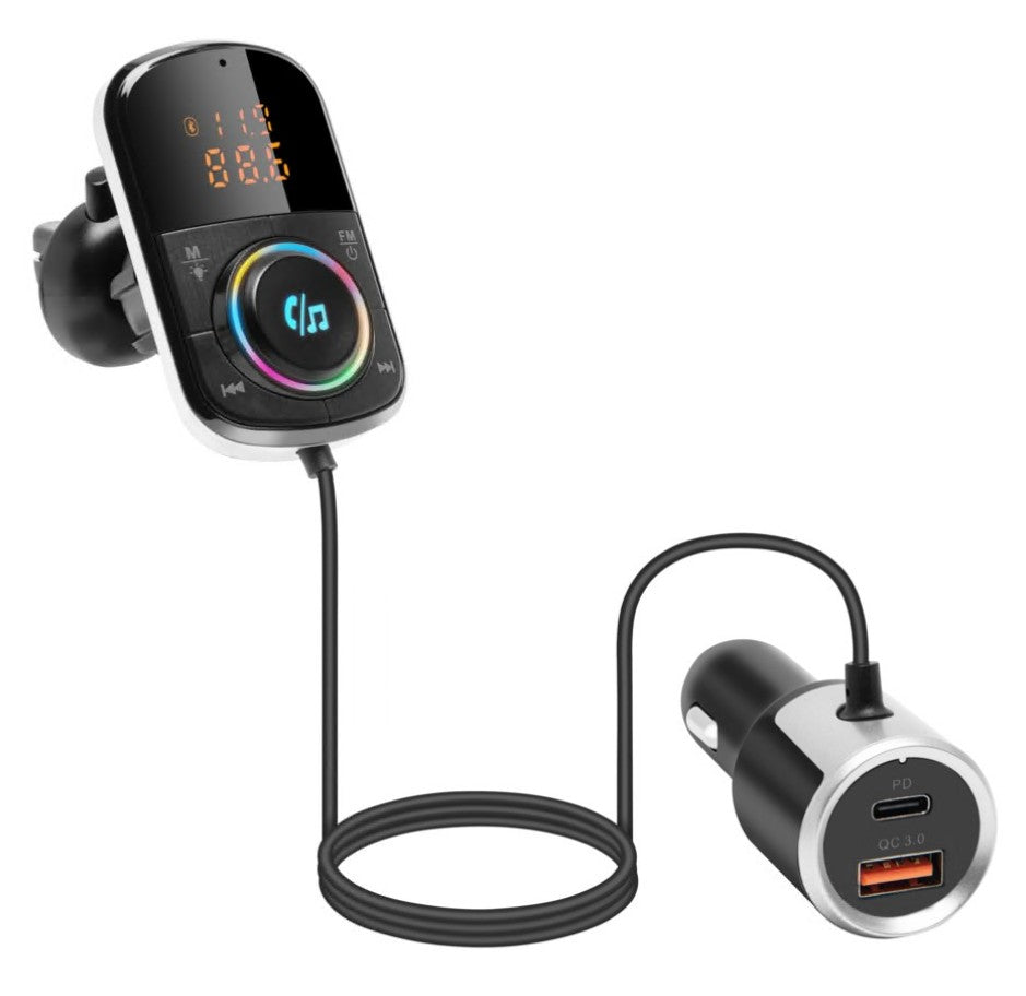 Linocell FM-sender Bluetooth RGB-knap LED-display 88.6 USB-A QC 3.0 USB-C PD til biloplader trådløs lyd.