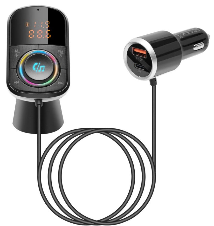 Linocell FM-sender Bluetooth hurtig opladning display multicolor-knap kabeloplader USB og USB-C biladapter.