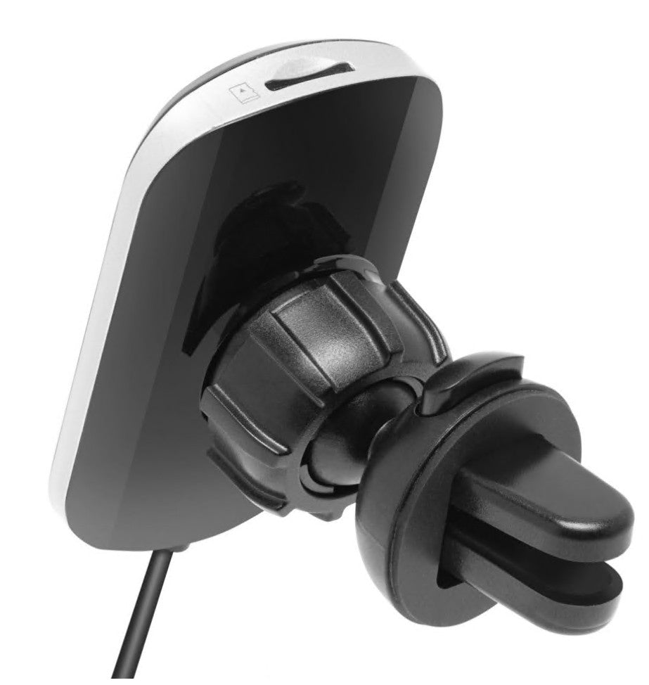 FM-sender med Bluetooth og hurtig opladning, sort/sølv, magnetisk mobilholder til bilventil, justerbart led, kabel i bunden.
