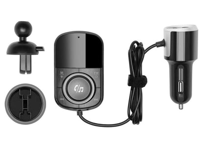 FM-sender med Bluetooth og hurtig opladning, sort/sølv sæt inkl. sender, knapper, billader m. kabel og to monteringsdele.