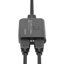Luxorparts sort HDMI 2-vejs splitter med "4K HDMI Y 1x2 Splitter" tryk, én indgang øverst, til udgang og indikatorlys.