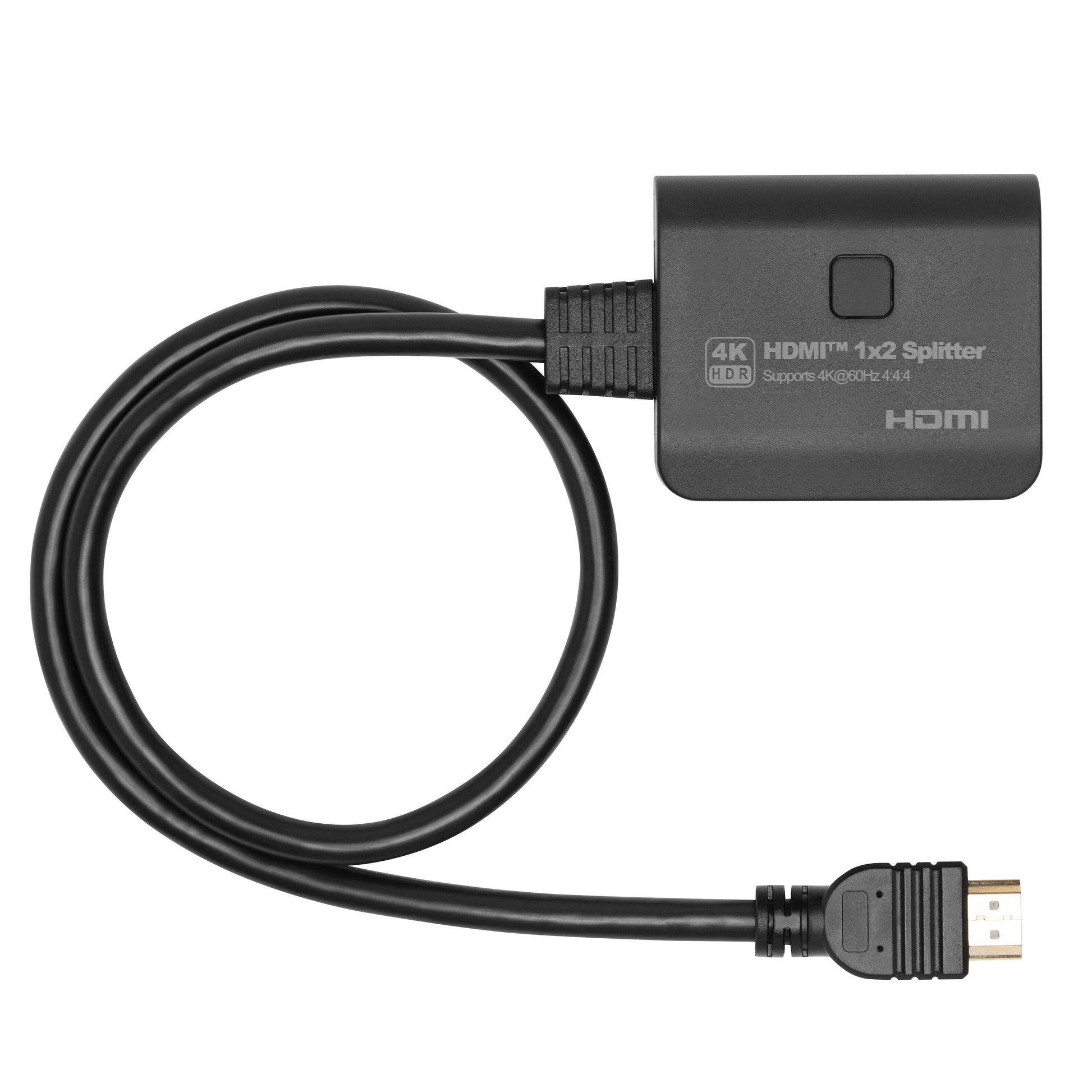 Luxorparts aktiv HDMI-splitter 2-vejs, sort, til 4K, fast HDMI-kabel, til HDMI 2.0b udgange med 4K-mærkat.