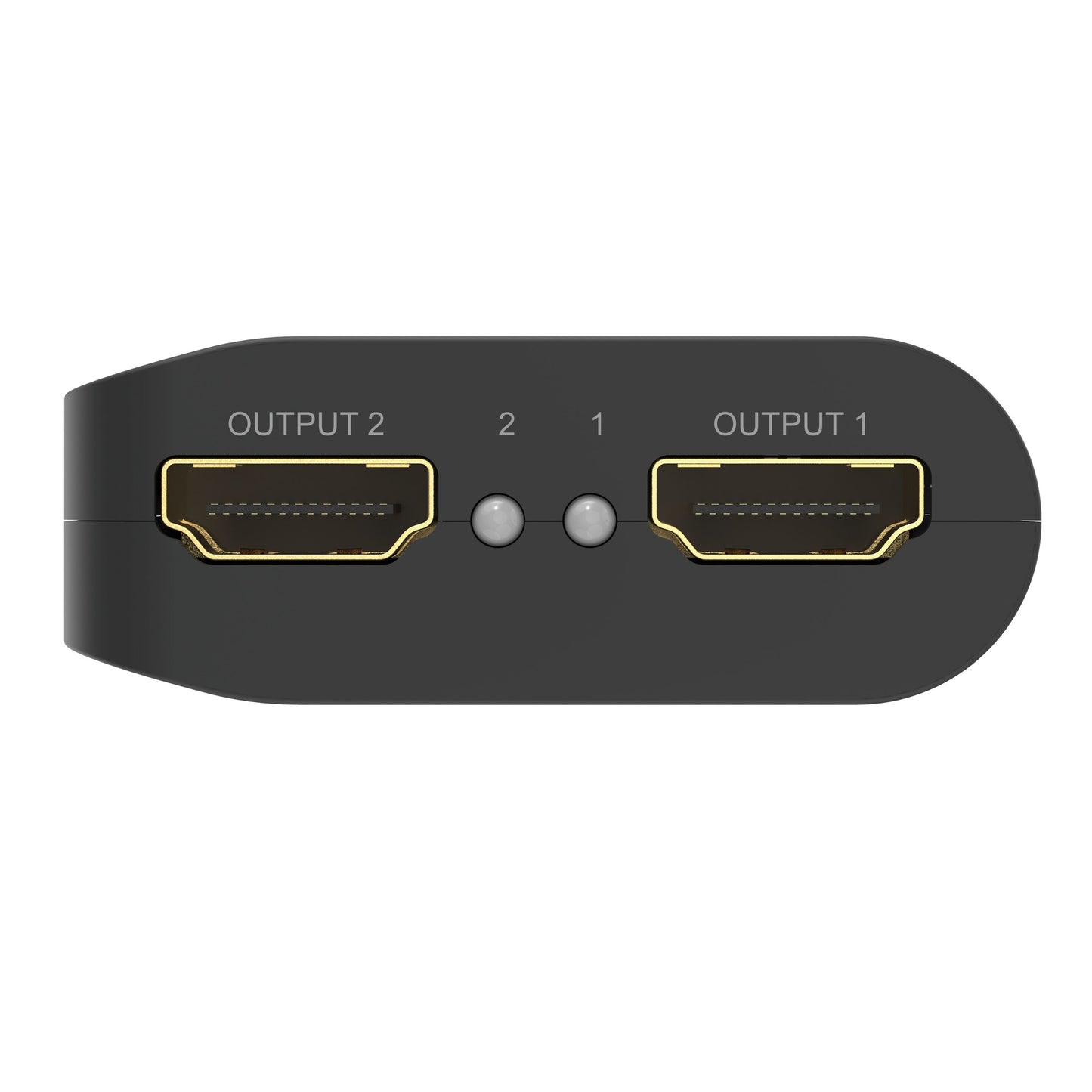 Luxorparts Aktiv HDMI-splitter 2-vejs sort, til 4K HDMI 2.0b udgange OUTPUT 1/OUTPUT 2, til runde knapper mærket 1 og 2.