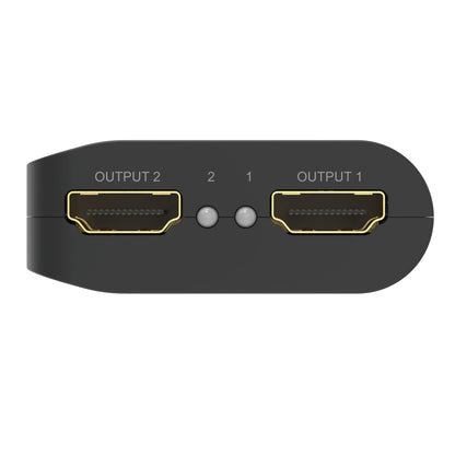 Luxorparts Aktiv HDMI-splitter 2-vejs sort, til 4K HDMI 2.0b udgange OUTPUT 1/OUTPUT 2, til runde knapper mærket 1 og 2.