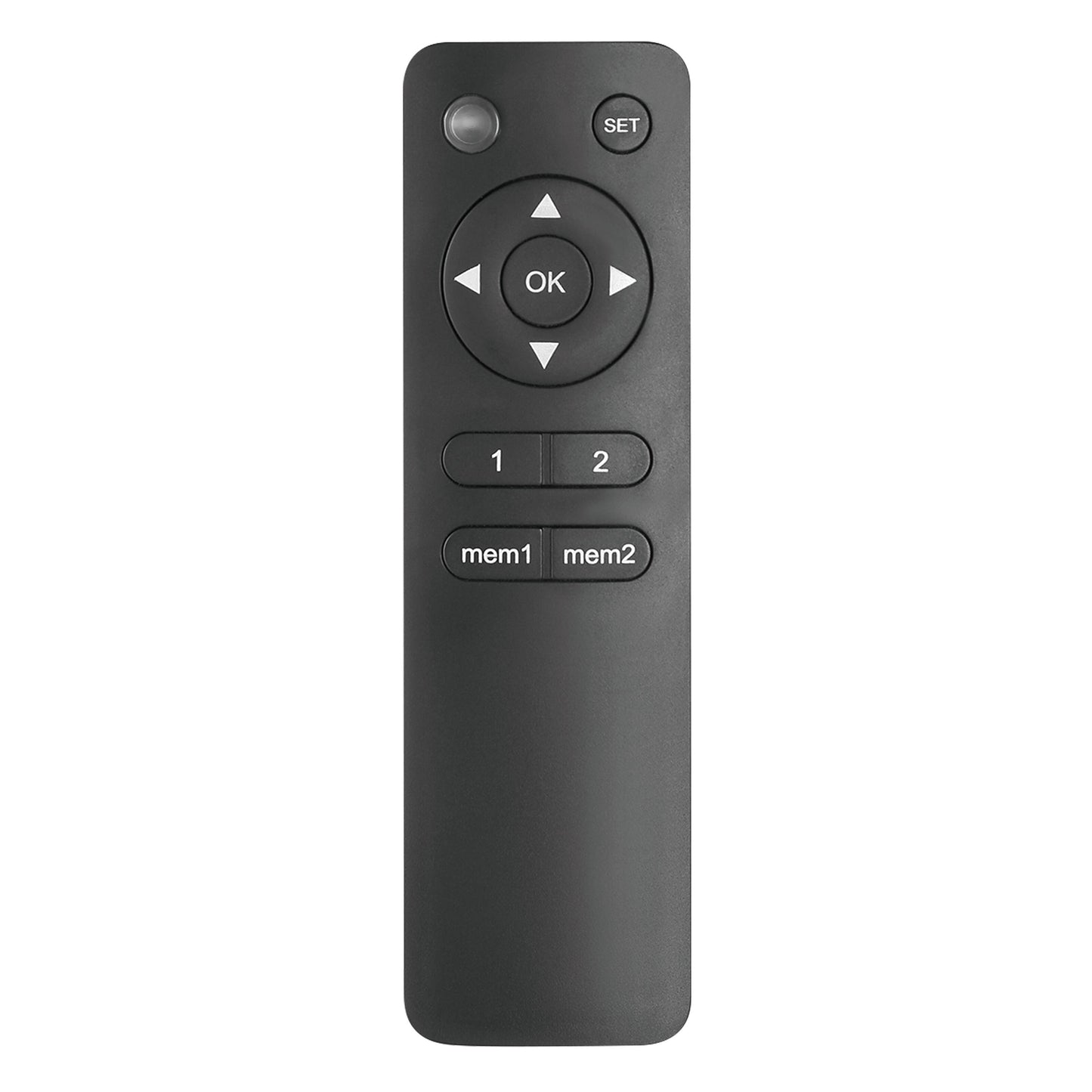 Nikabe fjernbetjening sort til Motoriseret tv-stativ til indbygning, rund navigation, OK/SET, 1/2 og mem1/mem2 knapper.