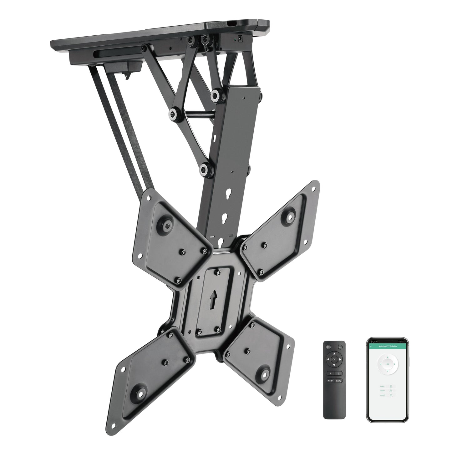 Nikabe motoriseret loftmonteret tv-beslag med justerbare metalarme, VESA-kompatibelt, fjernbetjening og app-styring.