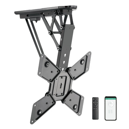 Nikabe motoriseret loftmonteret tv-beslag med justerbare metalarme, VESA-kompatibelt, fjernbetjening og app-styring.