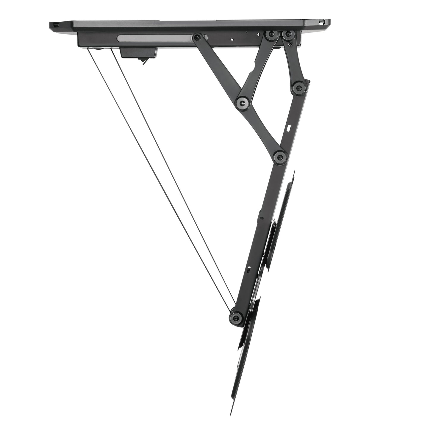 Nikabe Motoriseret tv-beslag til loftmontering, sort metal, VESA kompatibelt, foldbart med trekantede arme og wirer, åben.