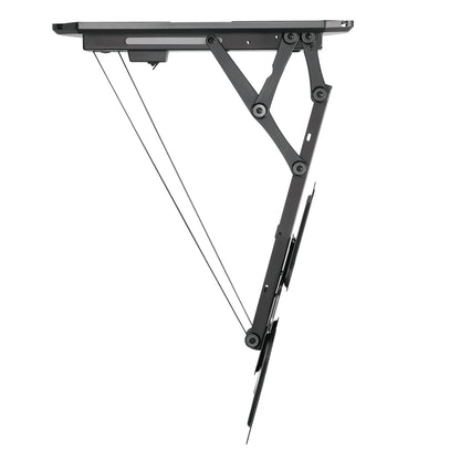Nikabe Motoriseret tv-beslag til loftmontering, sort metal, VESA kompatibelt, foldbart med trekantede arme og wirer, åben.