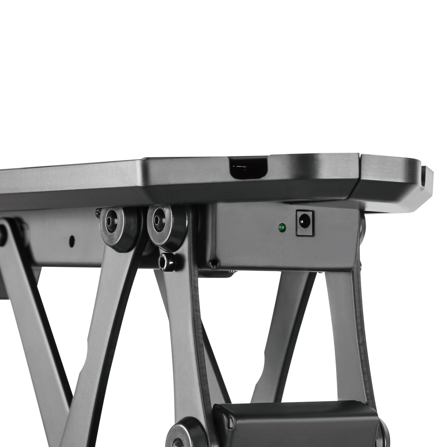 Nikabe Motoriseret tv-beslag til loftmontering, metalramme, knapper, strømstik, VESA, mekaniske og elektroniske dele synlige.