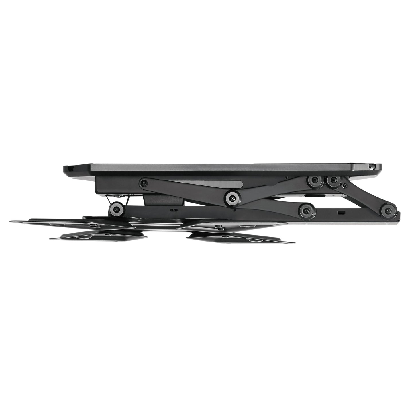 Nikabe Motoriseret tv-beslag til loftmontering i sænket position med metalramme, støttemekanisme og VESA-mount.