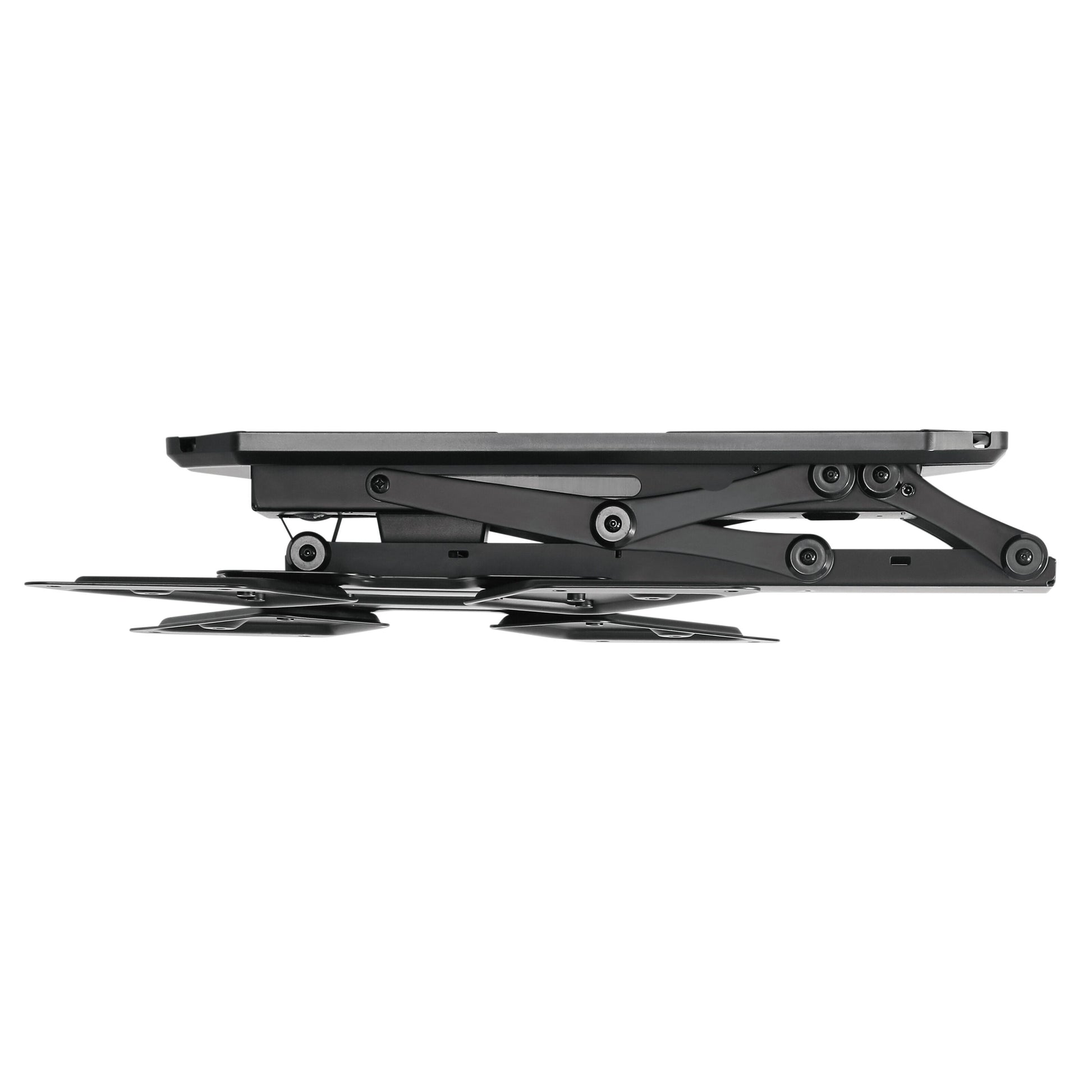 Nikabe Motoriseret tv-beslag til loftmontering i sænket position med metalramme, støttemekanisme og VESA-mount.