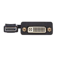 DisplayPort til DVI-adapter med DisplayPort-stik til venstre, DVI-stik med synlige pins til højre, understøtter Full HD 1080p.