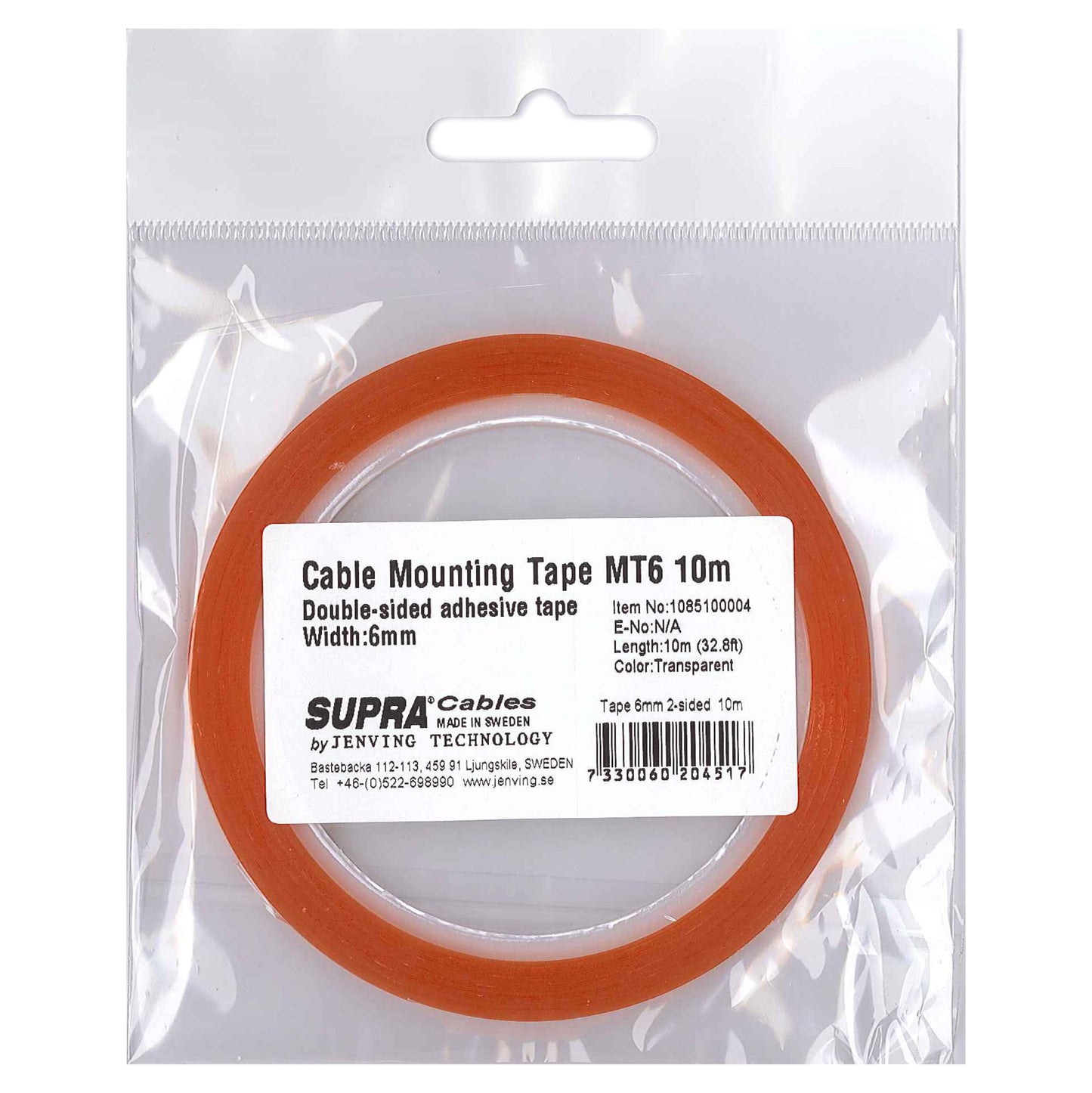 Supra MT6 dobbeltklæbende tape 10m, 6mm bred, transparent, i klar emballage med hvid label.