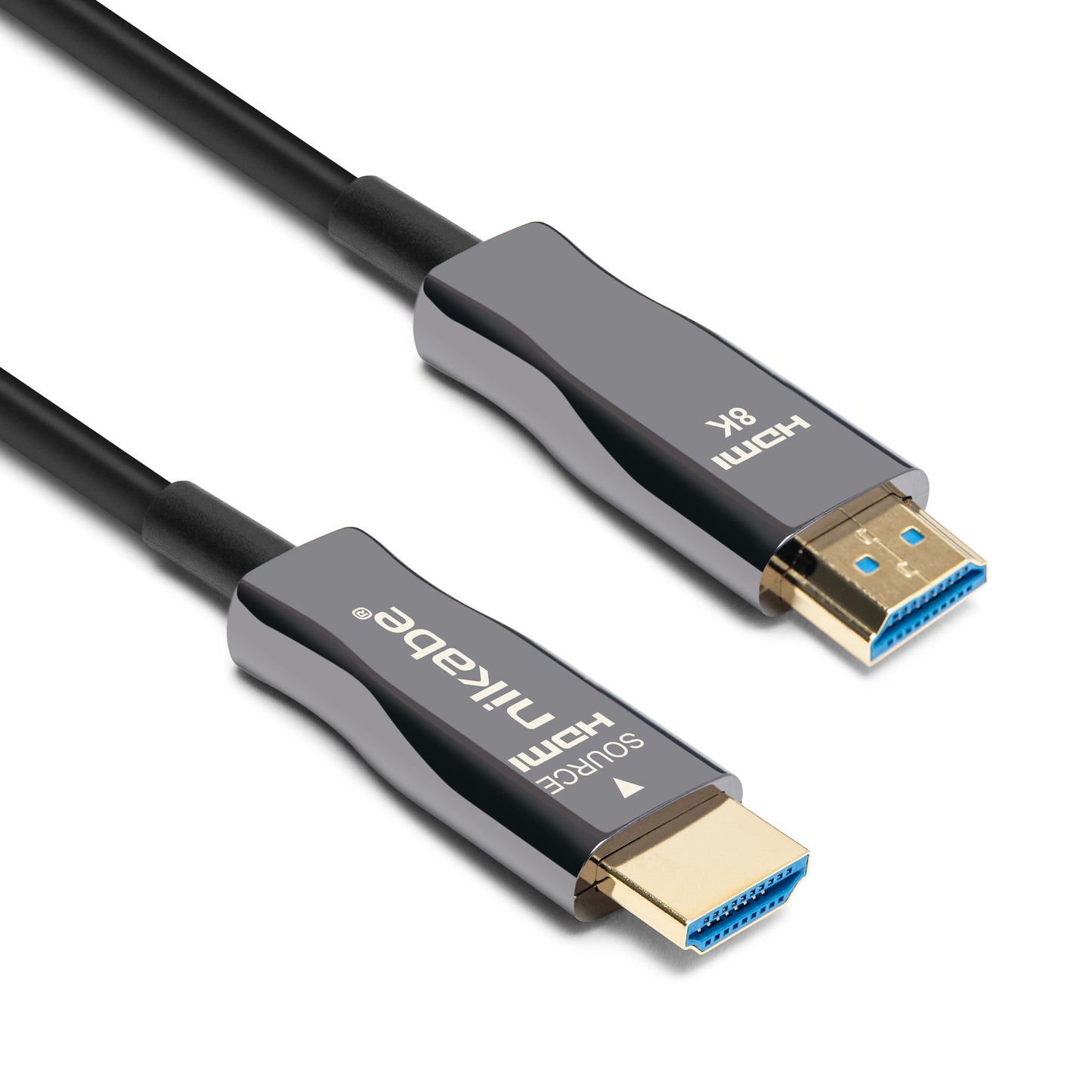 Nikabe Optisk HDMI 2.1 kabel sort 10m, 8K/60Hz og 4K/120Hz, guldbelagte stik, blå detaljer, "SOURCE HDMI 8K" mærkat.