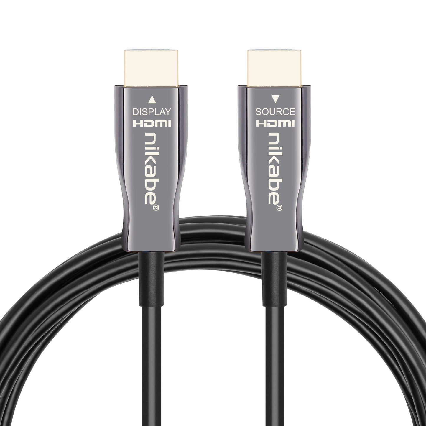 Nikabe Optisk HDMI 2.1 kabel 10m i sort med metalstik DISPLAY HDMI og SOURCE HDMI, Nikabe-logo, understøtter 8K/60Hz  4K/120Hz.