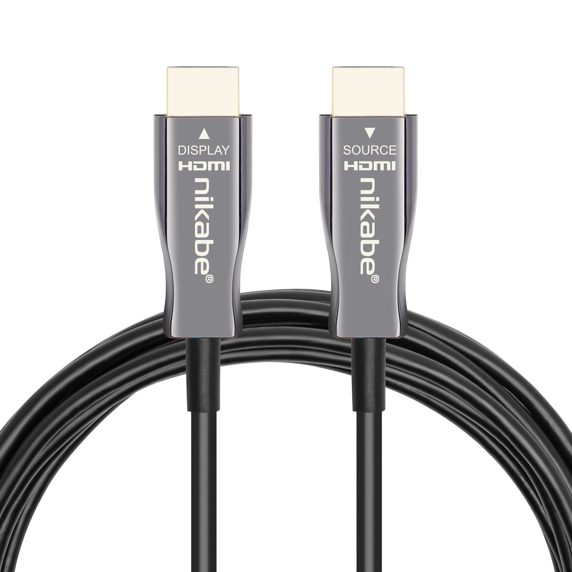 Nikabe Optisk HDMI 2.1 kabel 10m i sort med metalstik DISPLAY HDMI og SOURCE HDMI, Nikabe-logo, understøtter 8K/60Hz  4K/120Hz.