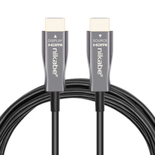 Nikabe Optisk HDMI 2.1 kabel 10m i sort med metalstik DISPLAY HDMI og SOURCE HDMI, Nikabe-logo, understøtter 8K/60Hz  4K/120Hz.