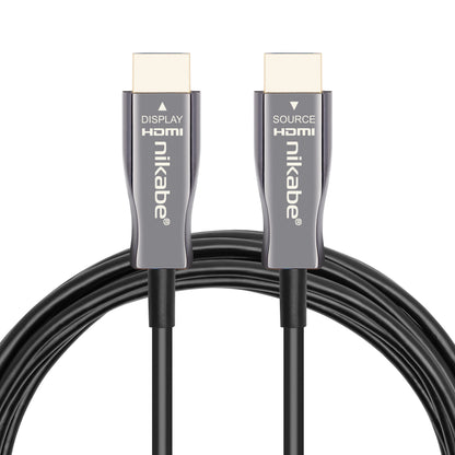 Nikabe Optisk HDMI 2.1 kabel 10m i sort med metalstik DISPLAY HDMI og SOURCE HDMI, Nikabe-logo, understøtter 8K/60Hz  4K/120Hz.