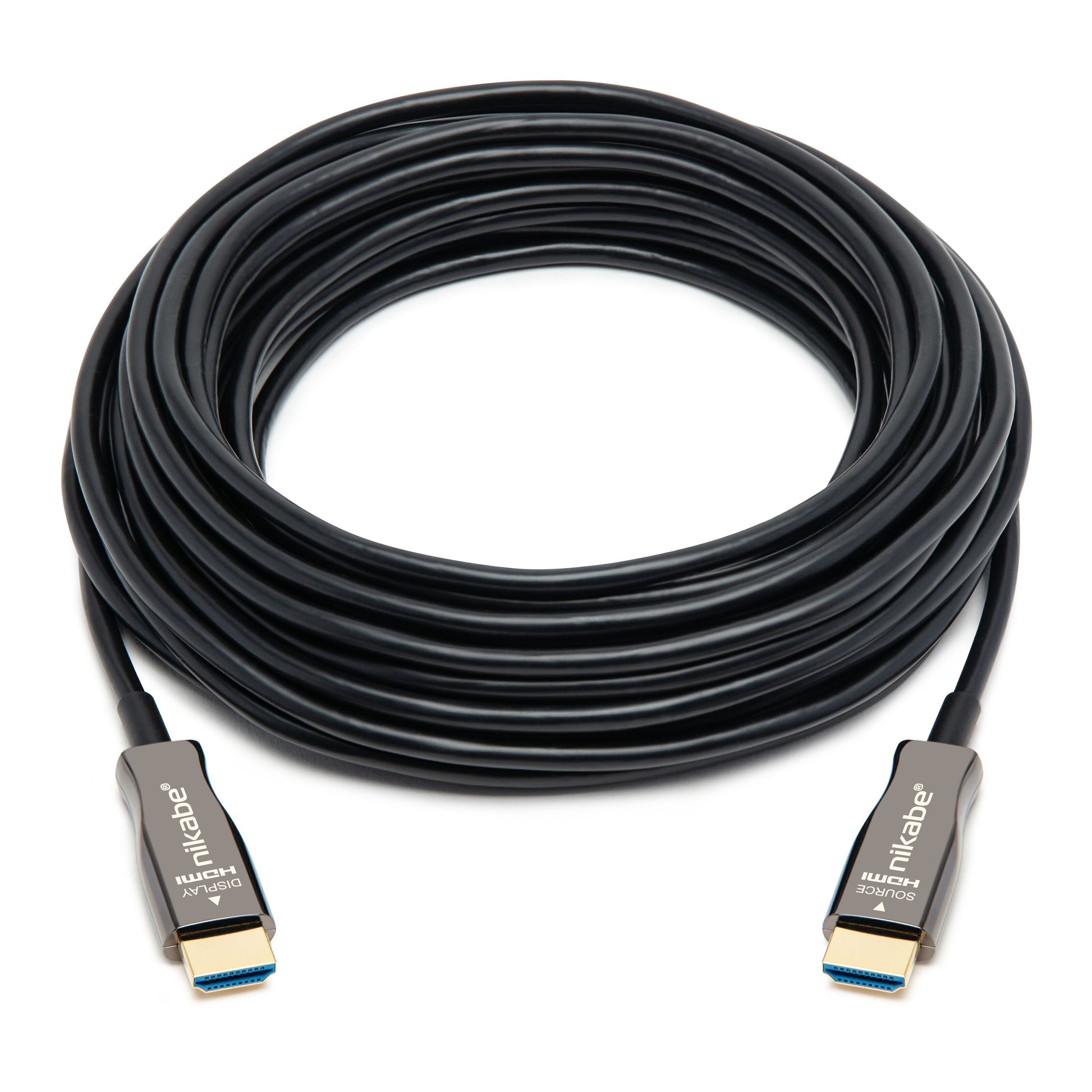 Nikabe optisk HDMI 2.1 kabel sort 8K/60Hz 4K/120Hz 10m med guldbelagte stik i begge ender oprullet.