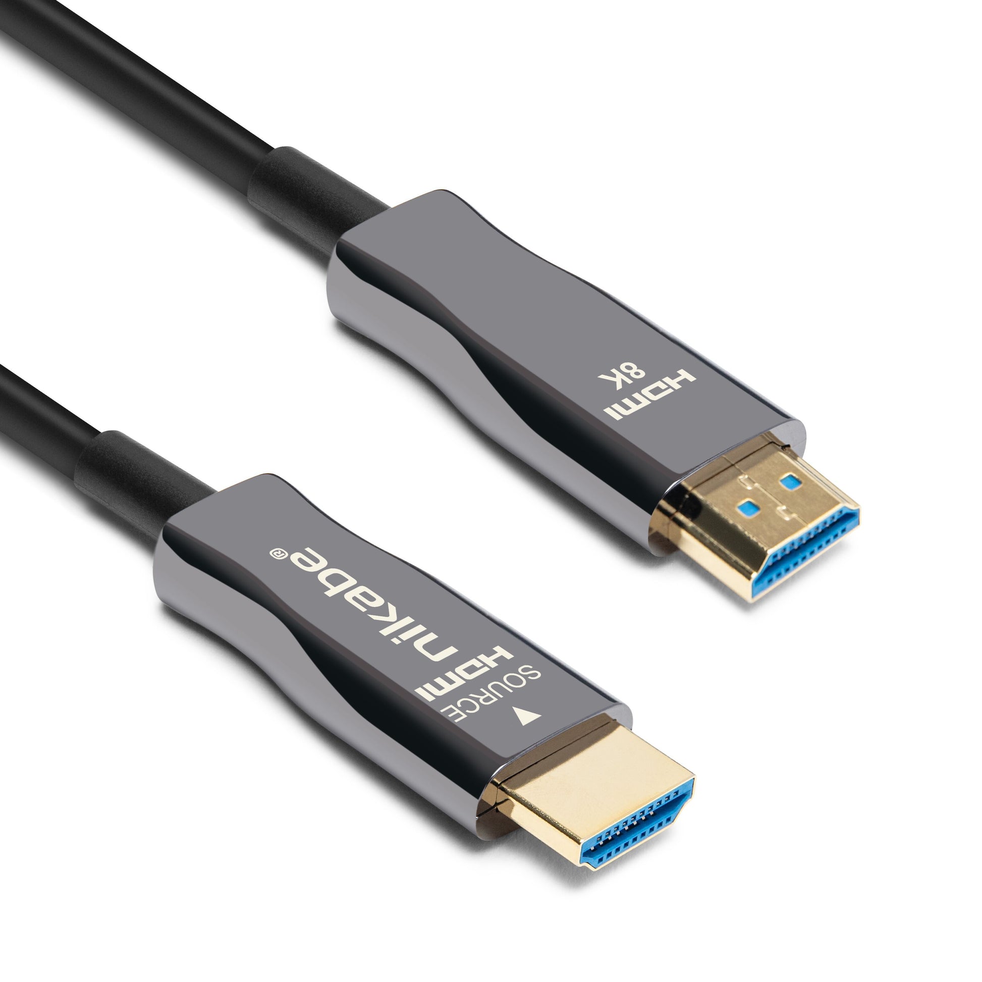 Sort Optisk HDMI 2.1-kabel 20 m, guldbelagt stik, mærket SOURCE HDMI og HDMI 8K, blå indvendige kontakter, 8K/60Hz  4K/120Hz.