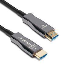 Sort Optisk HDMI 2.1-kabel 20 m, guldbelagt stik, mærket SOURCE HDMI og HDMI 8K, blå indvendige kontakter, 8K/60Hz  4K/120Hz.
