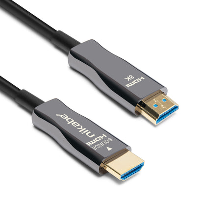 Sort Optisk HDMI 2.1-kabel 20 m, guldbelagt stik, mærket SOURCE HDMI og HDMI 8K, blå indvendige kontakter, 8K/60Hz  4K/120Hz.