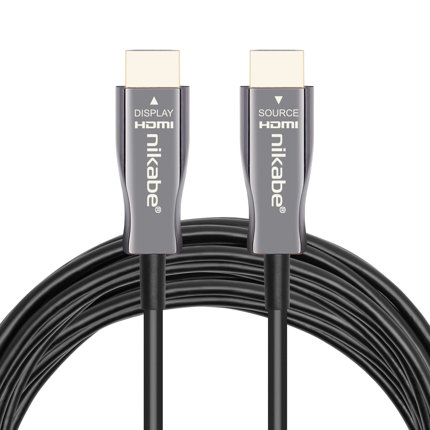 Nikabe Optisk HDMI 2.1 kabel sort, DISPLAY og SOURCE mærket, coilet kabel, 8K/60 Hz eller 4K/120 Hz op til 20 m.