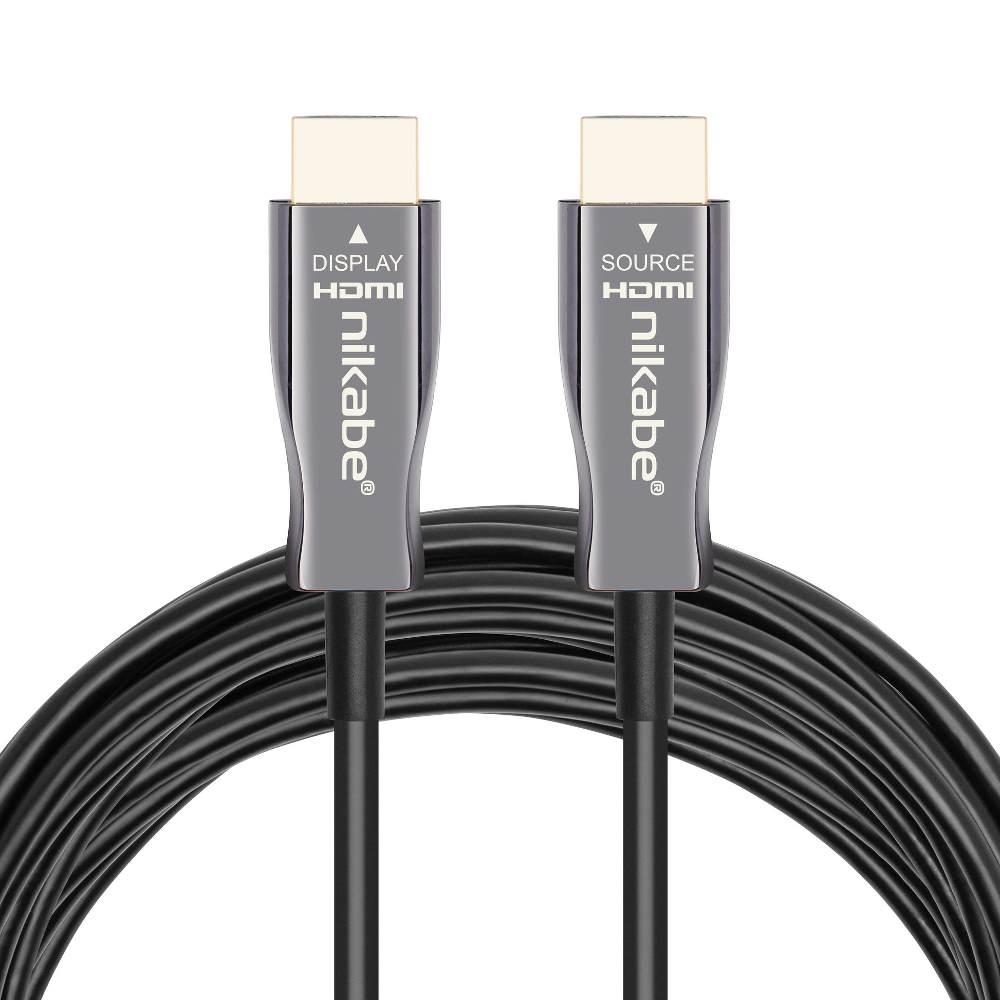 Nikabe Optisk HDMI 2.1 kabel sort, DISPLAY og SOURCE mærket, coilet kabel, 8K/60 Hz eller 4K/120 Hz op til 20 m.
