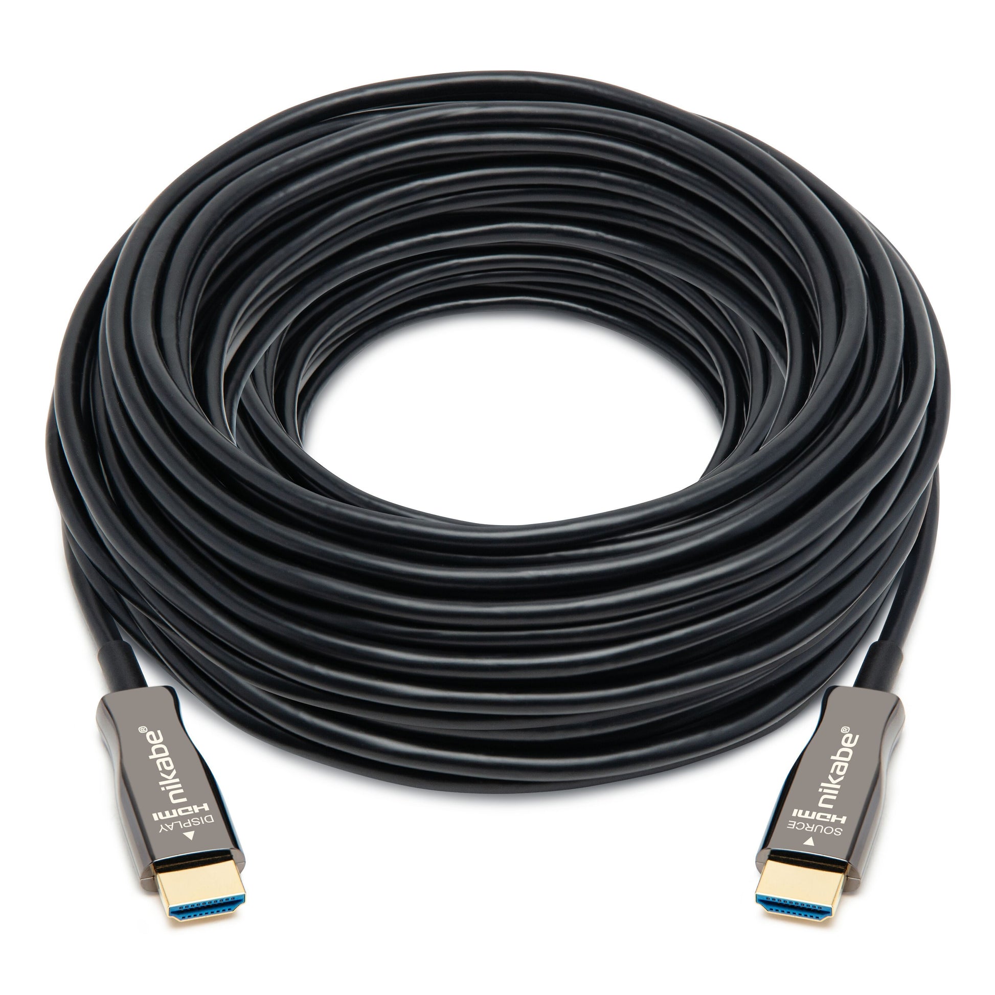 Nikabe Optisk HDMI 2.1-kabel 20m, understøtter 8K/60Hz og 4K/120Hz, guldbelagte stik, Nikabe og 8K HDMI mærker.