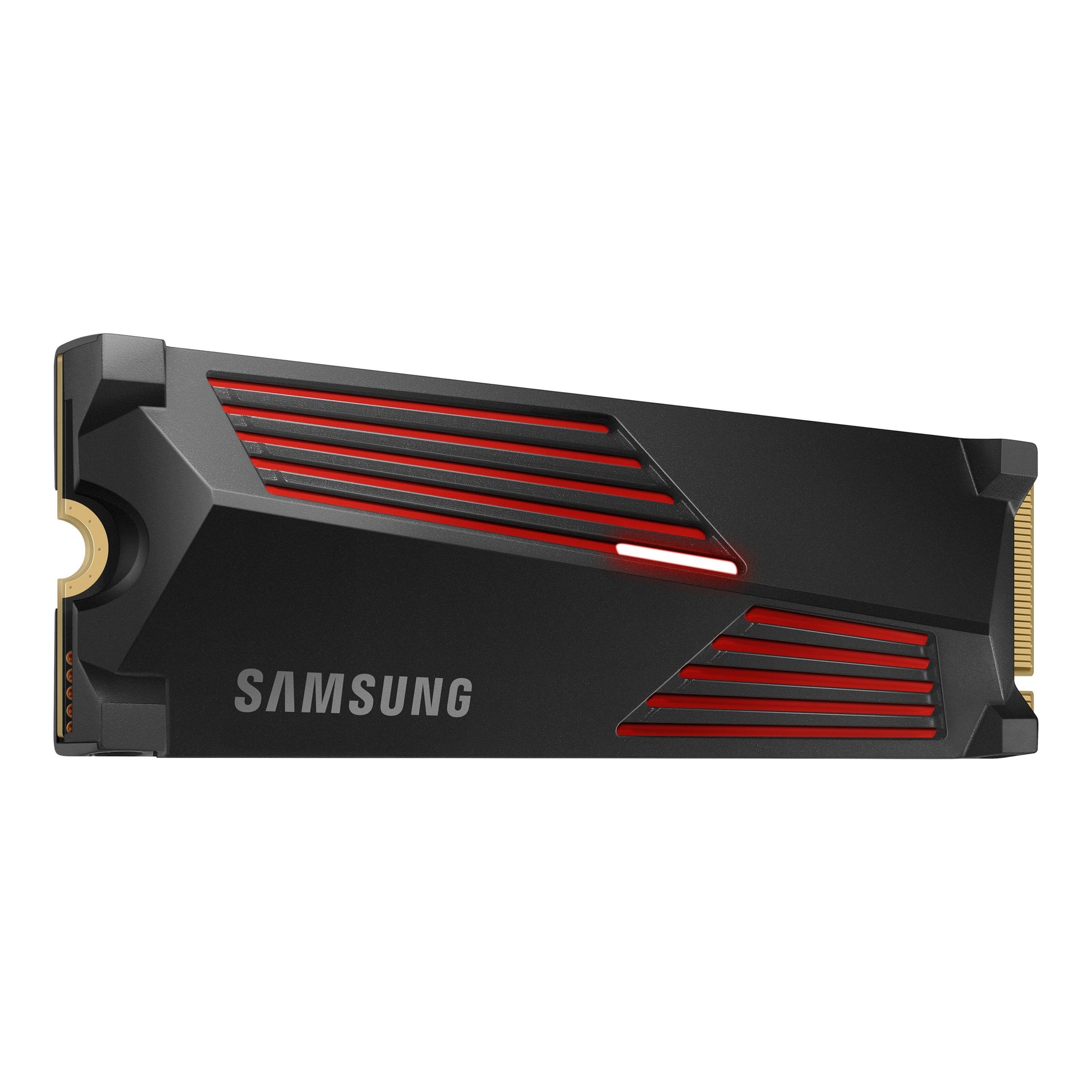 Samsung 990 PRO PCIe 4.0 NVMe M.2 SSD 4TB med køleflens vises vinklet.