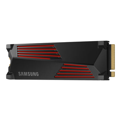 Samsung 990 PRO PCIe 4.0 NVMe M.2 SSD med køleflens, 4TB, sort med røde detaljer, guldstik og kantede former.
