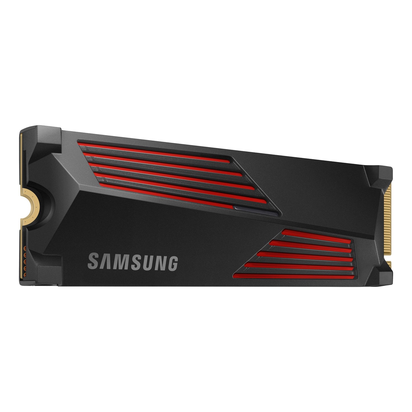 Samsung 990 PRO PCIe 4.0 NVMe M.2 SSD 4TB med køleflens, sort design, synlig kapacitet og interface.