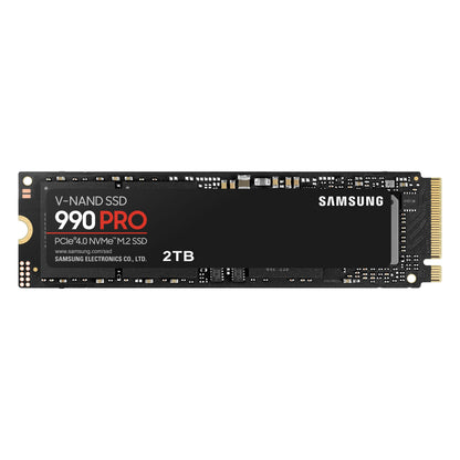 Samsung 990 PRO PCIe 4.0 NVMe M.2 SSD 2 TB sort med tydeligt Samsung-mærkat og specifikationsetiket.