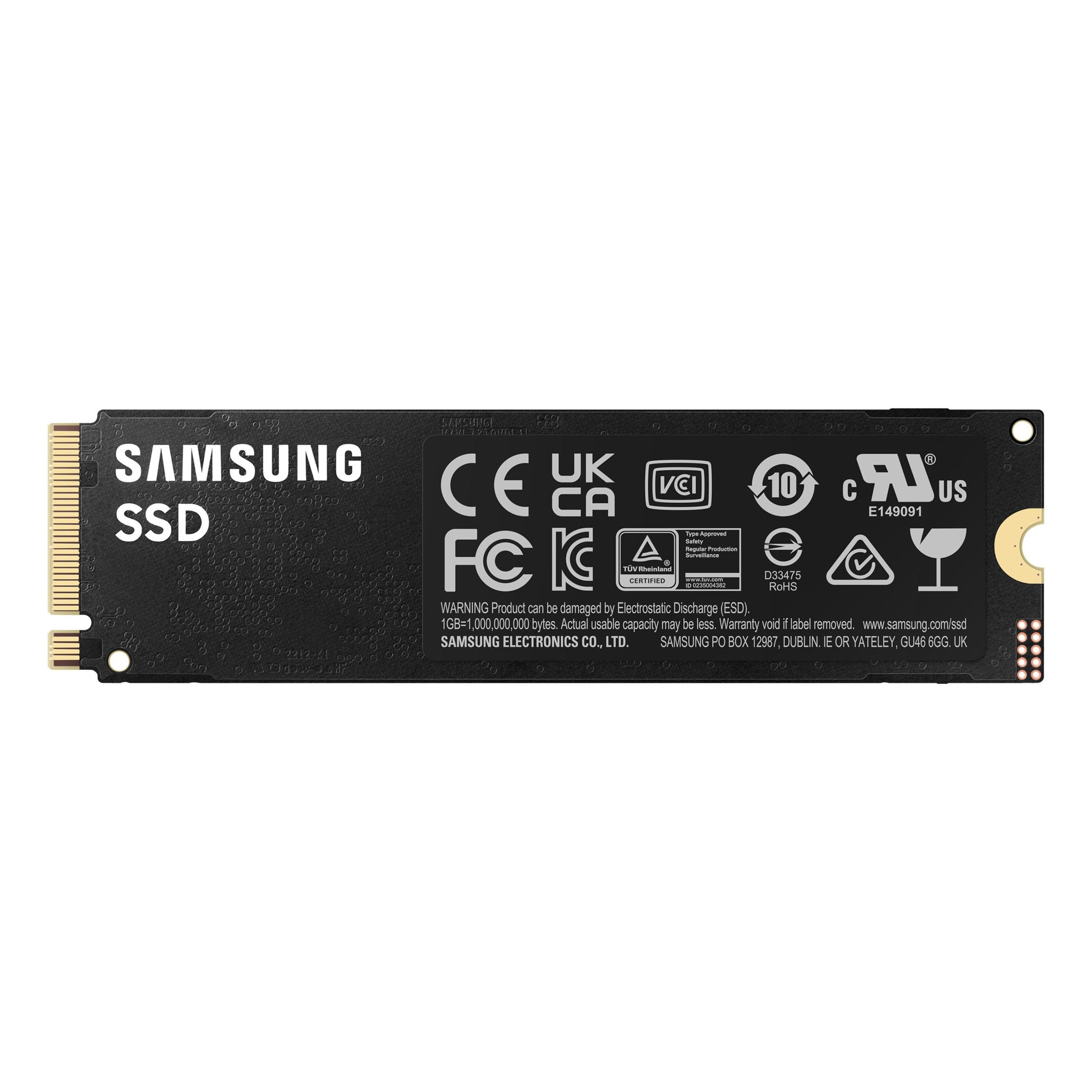 Samsung 990 PRO PCIe 4.0 NVMe M.2 SSD 2 TB, sort med hvide detaljer og certifikationslogoer, guldstik til venstre.