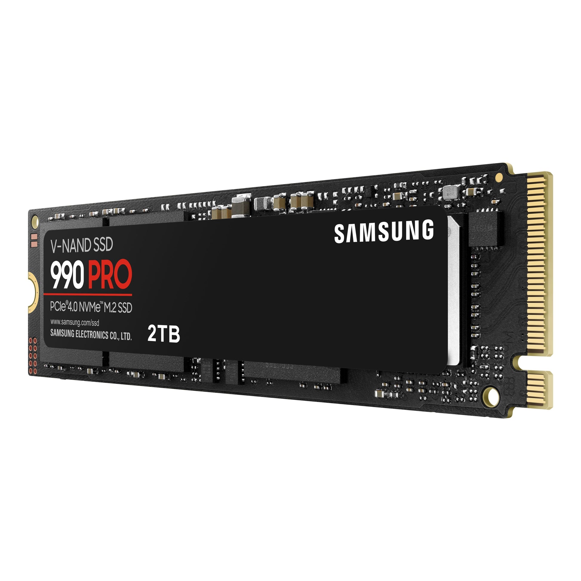 Samsung 990 PRO PCIe 4.0 NVMe M.2 SSD 2TB, sort med guldfarvet stik og tydeligt hvidt og rødt logo.