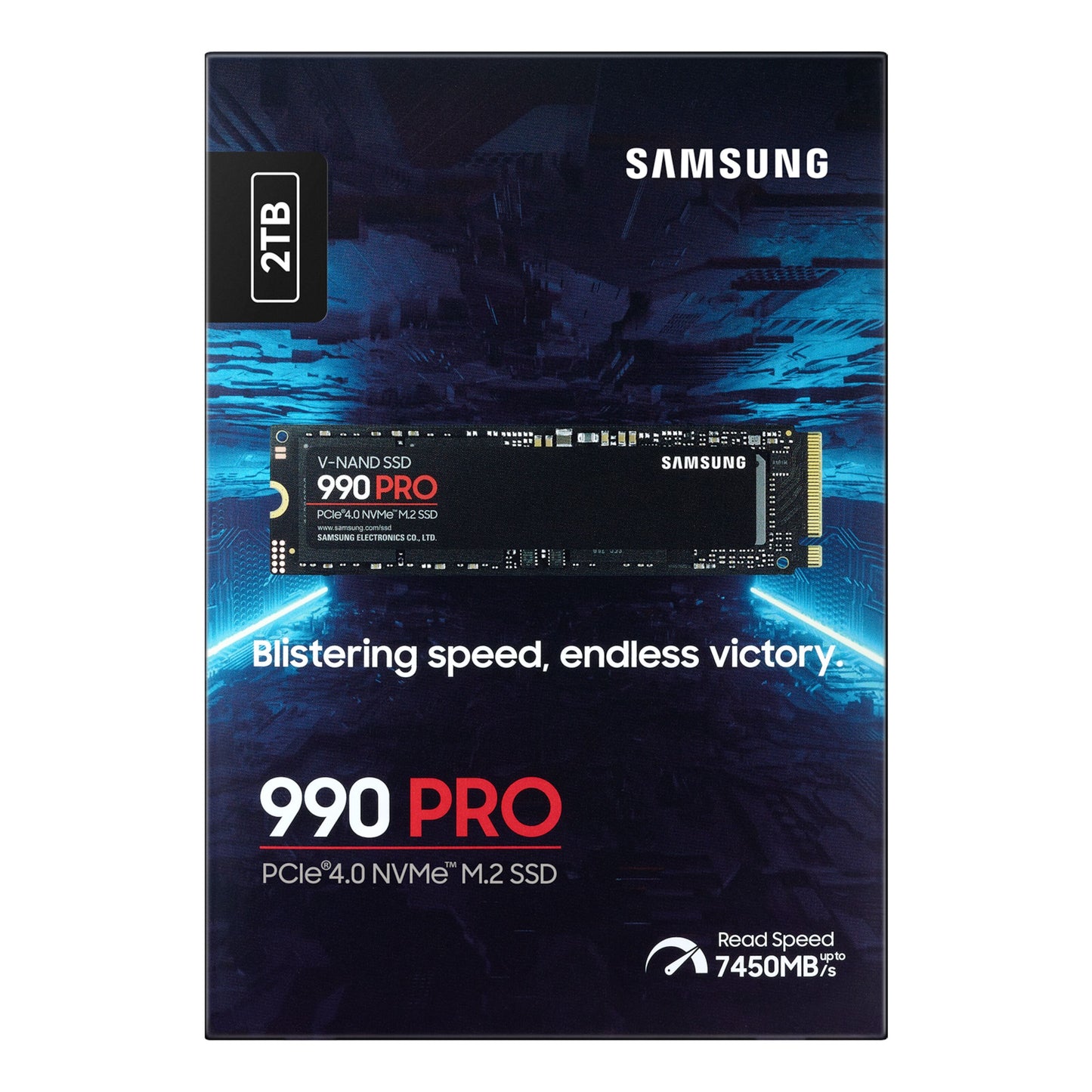 Samsung 990 PRO PCIe 4.0 NVMe M.2 SSD 2TB, op til 7450MB/s læsehastighed, synligt Samsung-logo og modelinfo på emballagen.