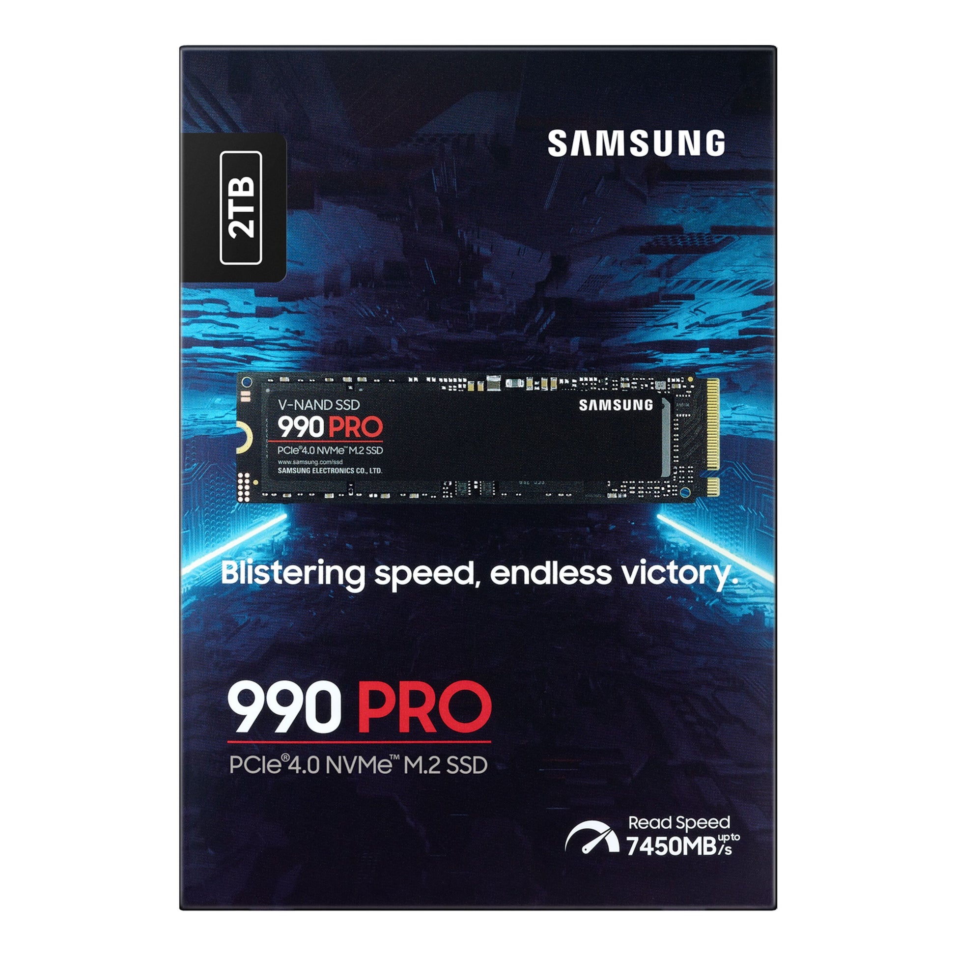 Samsung 990 PRO PCIe 4.0 NVMe M.2 SSD 2TB, op til 7450MB/s læsehastighed, synligt Samsung-logo og modelinfo på emballagen.